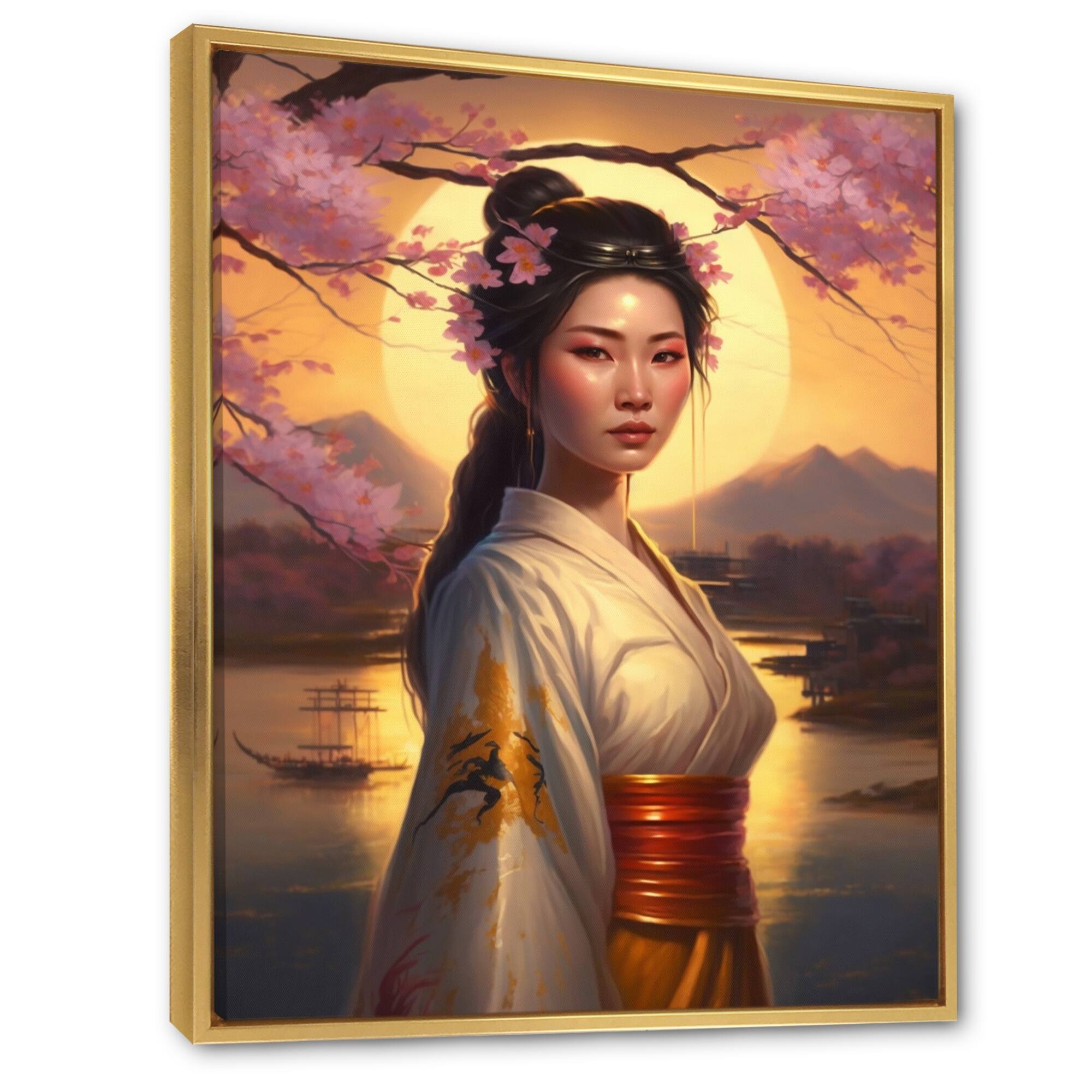 Designart "Japanese Blooming Beauty" Asian Woman Framed Canvas Wall Art